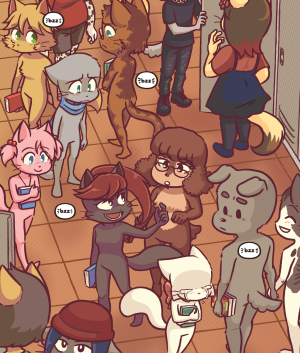 Mike stands frozen in a busy school hallway as Lucy walks away in tears; a beige cat with thick eyebrows walks behind him, eyeing him.