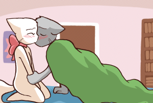 Twelve-year-old Mike, draped in a blanket, kisses a rigid, blushing Lucy in her bedroom.