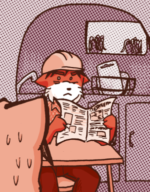 Rodrigo, in work clothes and a hard hat, peers over his newspaper in shock at Paulo and Lucy holding hands.