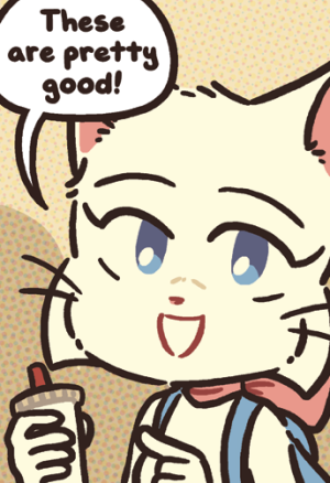 Lucy smiles, points to her milkshake and says "These are pretty good!"