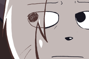 Augustus sits in his bus seat, looking back over his shoulder with a worried expression.
