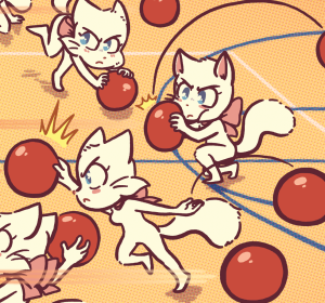 Lucy leans back to dodge an incoming dodgeball, grabs another off the floor, and steps into a throw.