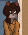 Janet in her winter coat in At Loose Ends.