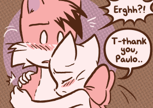 Lucy pulls a blushing, wide-eyed Paulo into a hug and says "T-thank you, Paulo..".