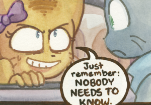 Stacy grips the car window with a wide, intense grin and says "Just remember: NOBODY NEEDS TO KNOW".