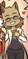 Sue's mom in a white cardigan in a colour drawing by Veronica (2019).