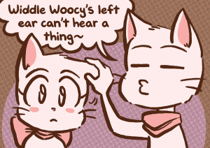 Mike wiggles Lucy's left ear and says "Widdle Woocy's left ear can't hear a thing~".