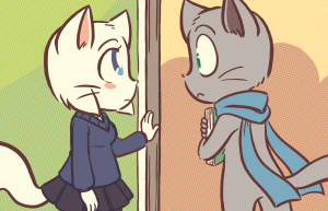 Mike stands frozen in the classroom doorway, face to face with Lucy, who wears a private-school uniform.