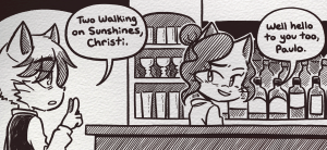 Paulo, in a waiter's vest and bow tie, orders "Two Walking on Sunshines" from Christi, who smirks behind the bar.