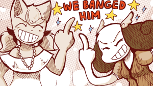 Jessica and Rachel face Tess with middle fingers raised, declaring "WE BANGED HIM".