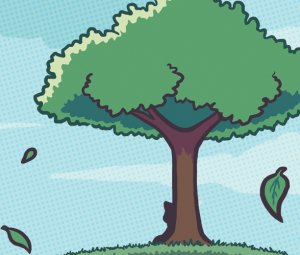 Mike sits as a tiny silhouette at the base of the large tree on the hill while leaves drift down around him.