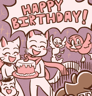 Lucy and Mike hold up a birthday cake with a number-5 candle while Lily, Chirpy and Blur smile and everyone shouts "HAPPY BIRTHDAY!"