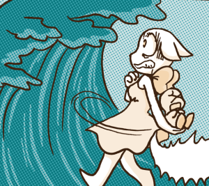 Lucy tucks Yashy behind her back and faces the cresting wave, ears down and tail puffed out.