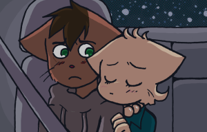 In the dark car, Daisy leans over from the back seat to hug Abbey, who rests his head against hers.