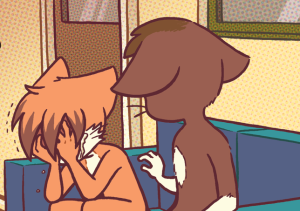 Abbey's hand trembles as it hovers over Paulo, who is hunched over crying into his hands.