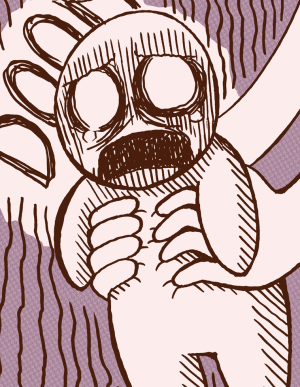 Daisy holds up Alegria, a baby doll with a permanently screaming face, against a background reading "DOOM".