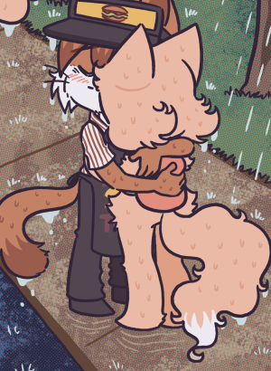 Paulo, eyes closed, wraps both arms around Daisy as they embrace motionless in the pouring rain.