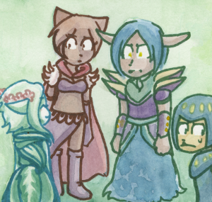 Mike's avatar, a white female flower mage in a green dress with pink flowers in her hair, beams at the other players' unimpressed avatars.