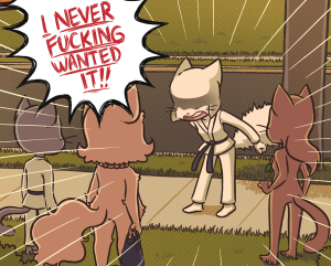 Lucy leans forward with clenched fists and shadowed eyes, screaming "I NEVER FUCKING WANTED IT!!" while Mike, Daisy and Sue look on.