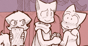 Mike clutches Lucy's hand and smiles at her kindly; both of them are blushing while Daisy glares from behind her clipboard.