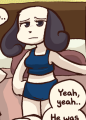 Rachel in pajamas in Pillow Talk.