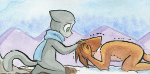 Paulo lies face-down in the snow crying while Mike kneels over him, stroking his head.