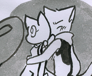 Mike hugs Lucy from behind while she stands stiff and wide-eyed.