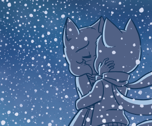 Lucy cups Mike's cheek as they kiss in the falling snow, their scarves fluttering in the wind.