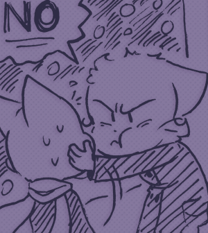 Daisy clamps her hand over Mike's mouth and glares at him while he sweats nervously.
