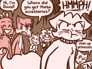 David wears a crown and earrings with a flower motif and says "Hi, I'm David!" while Paulo asks where he got the accessories.