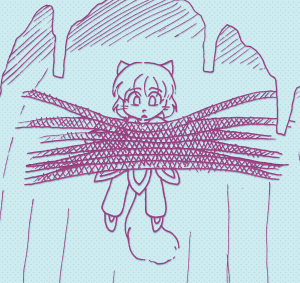 Lucy in her Aqua disguise, bound high against a rocky cavern wall by a crisscrossing web of ropes, looking down with wide eyes.