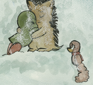 Yashy cries against Lily in the snow outside Lucy's house while Chirpy sits beside them watching.