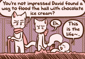 Yashy floats on her back down a river of chocolate ice cream flowing through the school hallway.