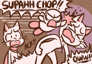 Yashy divebombs from above shouting "SUPAHH CHOP!!" and hits Sue on the head as Mike yelps in surprise.