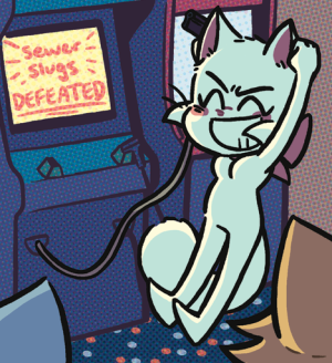 Lucy leaps into the air in triumph in front of the Maggot Mania cabinet, its screen reading Sewer Slugs DEFEATED.