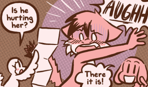 Chirpy holds up a magazine centerfold with big worried eyes and asks "Is he hurting her?"