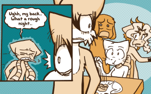 Paulo turns in horror as Mike arrives at the breakfast table; Lucy drops her food, Tess gapes and David's jaw hangs open.
