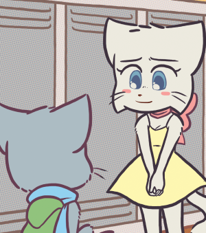 Lucy, in a yellow sundress and pink bow, smiles down at the fallen Mike.