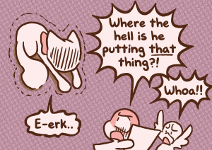 Yashy, bright red, holds up a printed page and asks "Where the hell is he putting that thing?!" while Lucy curls into a trembling ball.