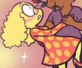 The sex-ed teacher in her spotted dress in a colour drawing by Veronica (2016).