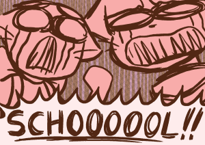 Mike and Lucy face the viewer with gritted teeth, wailing "SCHOOOOOL!!" in unison.