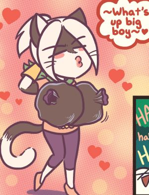 Jasmine makes a kissy face and holds two trash bags against her chest, saying "What's up big boy".