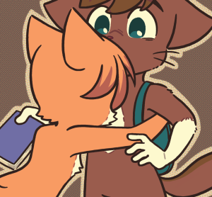 Paulo hugs Abbey tightly while Abbey's arms are held out to the sides, his eyes wide with surprise.