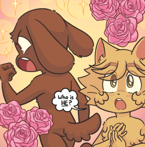 David runs framed by sparkles and floating pink roses while James clasps his hands together and asks "Who is HE?"