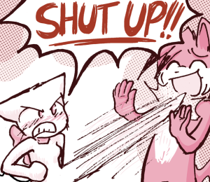 Lucy furiously kicks Paulo in the throat, shouting "SHUT UP!!", while Paulo smiles and holds up his hands.